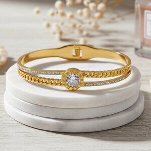 Elegant Luxe 18k Gold Plated Bangle Bracelet Stunning Sparkling Zirconia